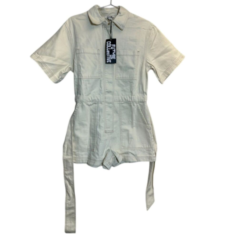 Future Collective Cream Utility Romper XXL Belted Cotton Shorts Romper